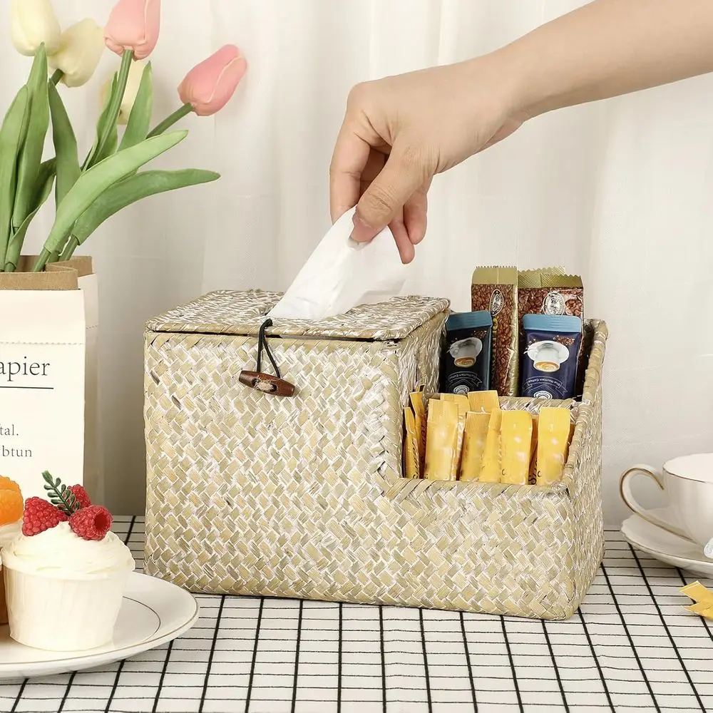 Square Woven Tissue Box Organizer Desk Rustic Seagrass Tissue Box Holder with Side Organizer Decorative Cube Tissue Cover Bathro