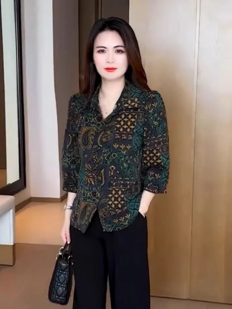 

Модная женская рубашка с рукавом 3/4, с принтом, для женщин среднего возраста, весенняя новинка, повседневная удобная одежда для мам из полиэстера