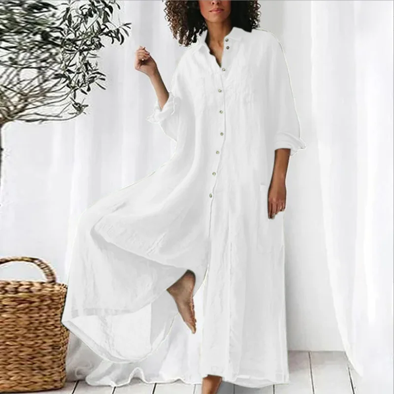 Spring Button Lapel Shirts Long Sleeve Jumpsuit Women Retro Solid Loose Cotton Playsuit Summer High Waist Wide Leg Pants Overall