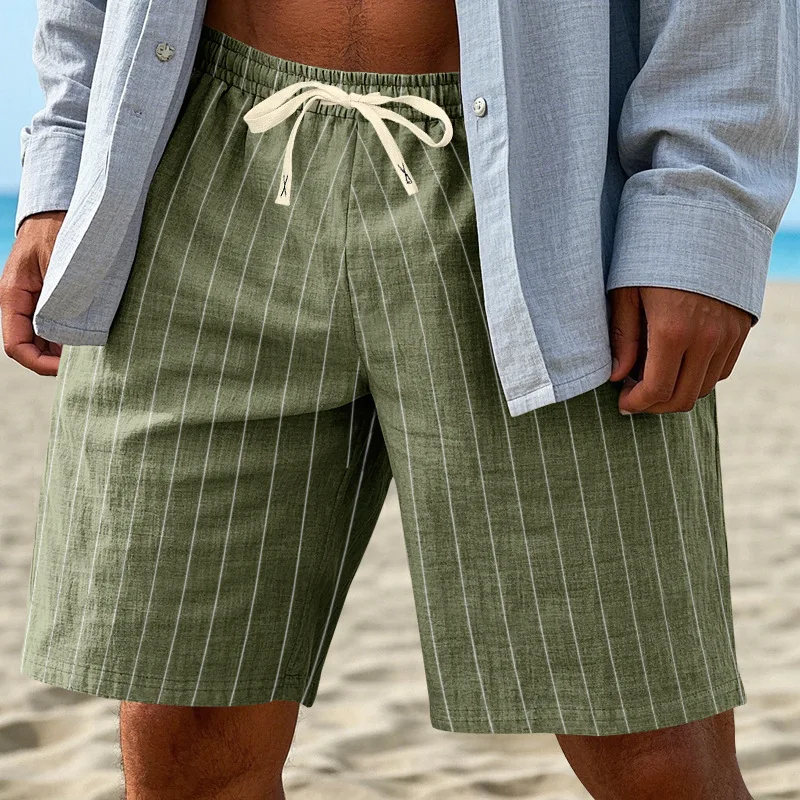 

2026 Summer stripe Linen Casual Shorts Men drawstring Loose Straight Short Pants Fashion holiday hawaiian Thin Beach Shorts