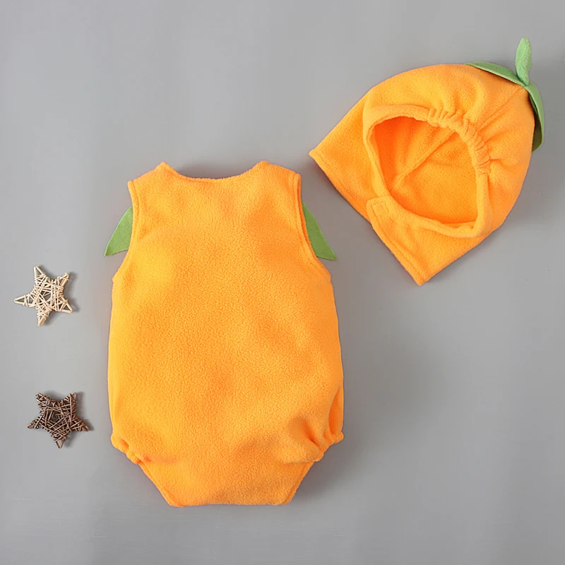 Boys and girls infants spring and autumn Halloween sleeveless round neck pumpkin pattern + hat jumpsuit baby crawling