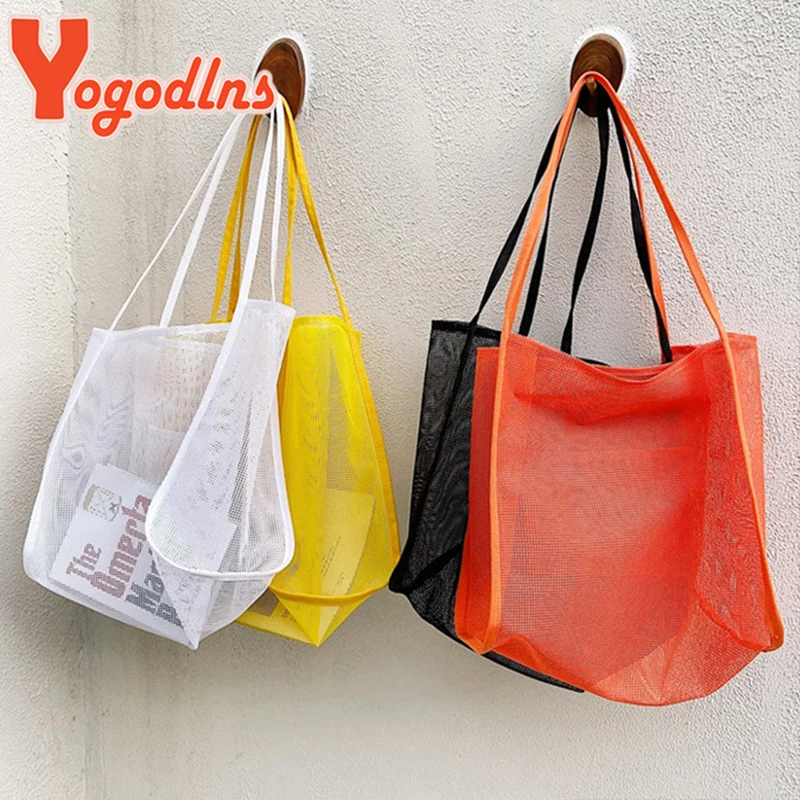 Yogodlns Trendy New Mesh Hollow Out Tote Bag Candy Beach Bags Travel  Handbag  Large Capacity Canvas Shoulder Bag Shoping Totes