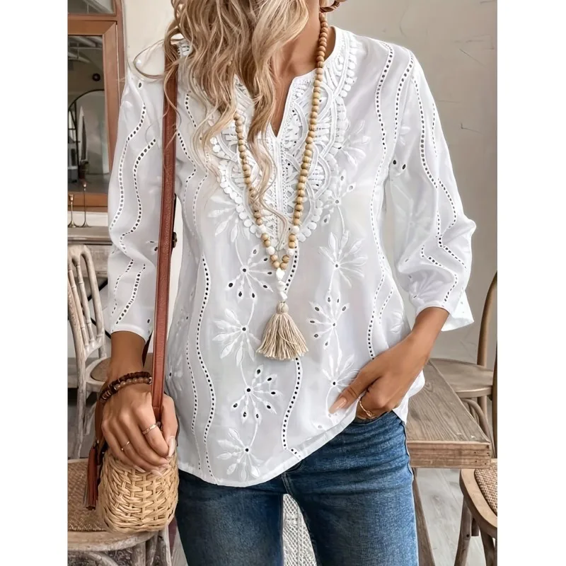 White Lace Hollow Out Embroidery Women Shirts Elegant Lace Panel V Neck 3/4 Sleeve Autumn 2024 Loose Casual Solid Streetwear Top