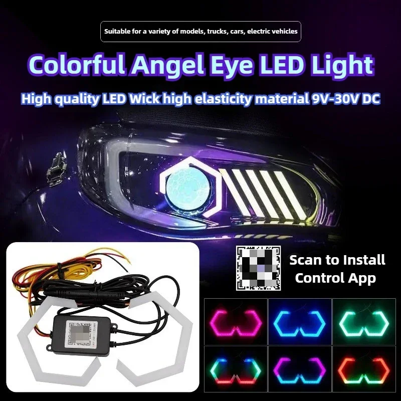RGB Angel Eyes Hexagon Halo Rings Lights with Turn Signal Light APP Bluetooth LED Motorcycle Retrofit DRL Car Headlight 12V