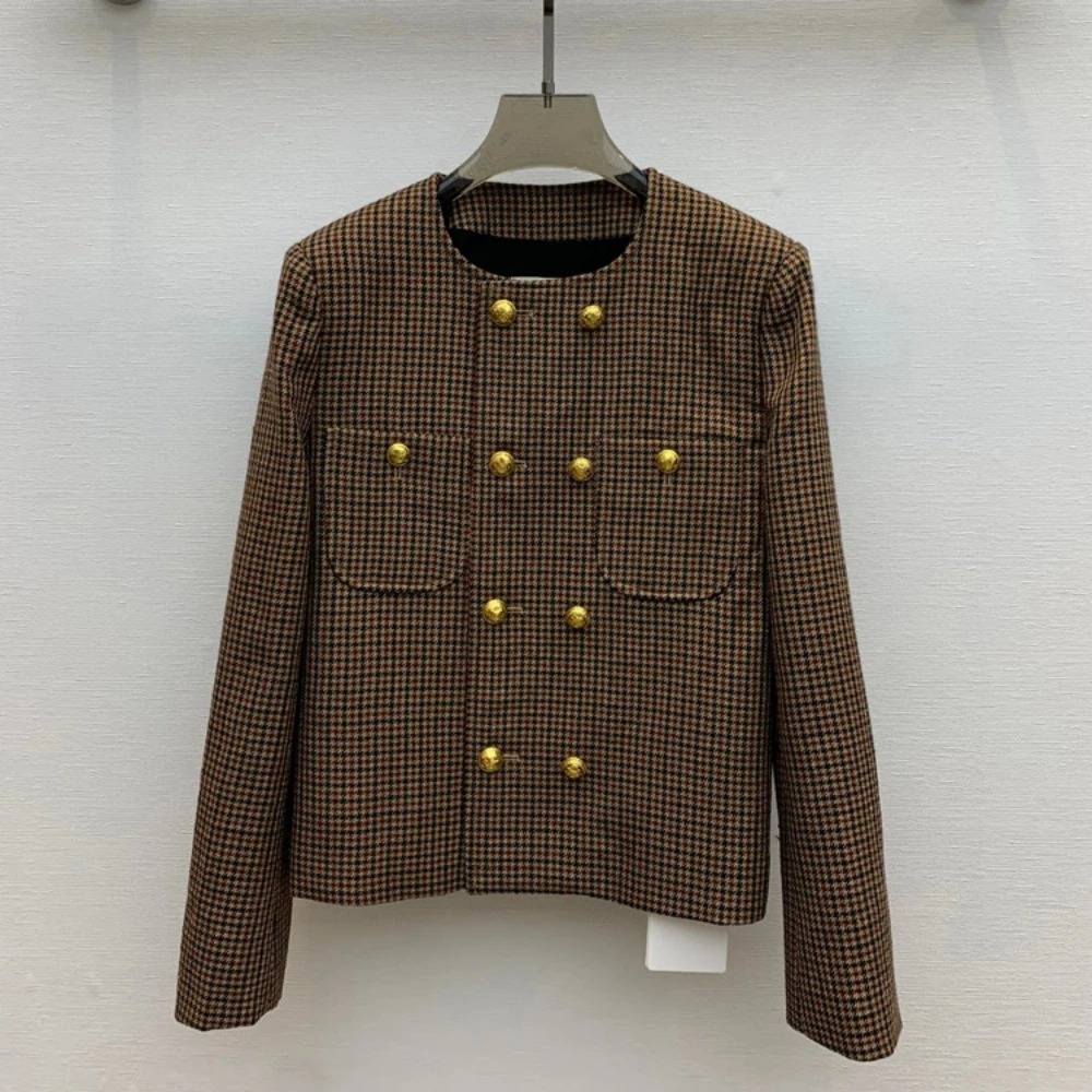 

England 2023 Autumn Fashion Women High Quality Plaid Wool-blend O-neck Tweed Coat C013