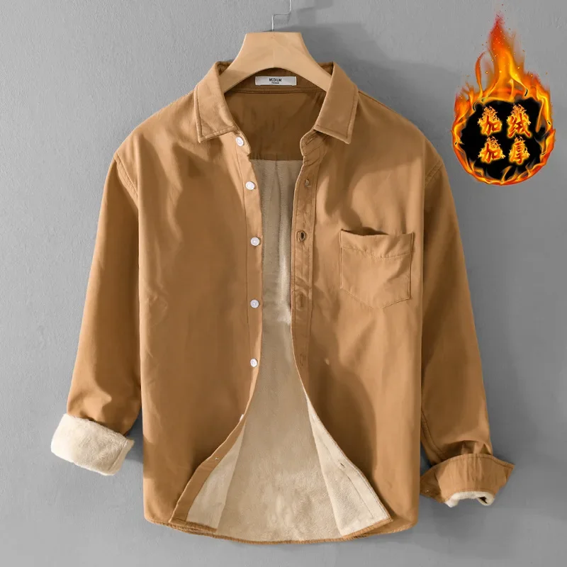 Simple Men Winter Shirt Daily Casual Long Sleeve Shirts Man Lapel Pocket Fleece Shirt Slim Fit Keep Warm Top Thick Camisa Hombre