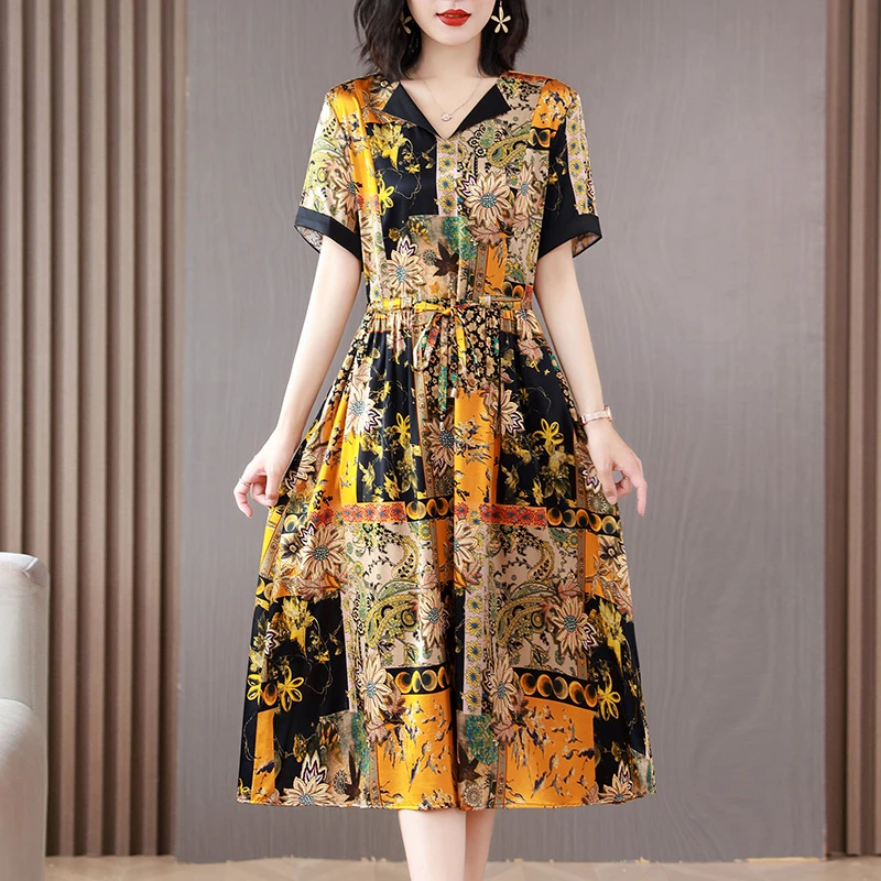 

Женское шелковое платье с принтом, летнее элегантное универсальное платье свободного кроя с коротким рукавом, повседневное праздничное платье, новинка 2023