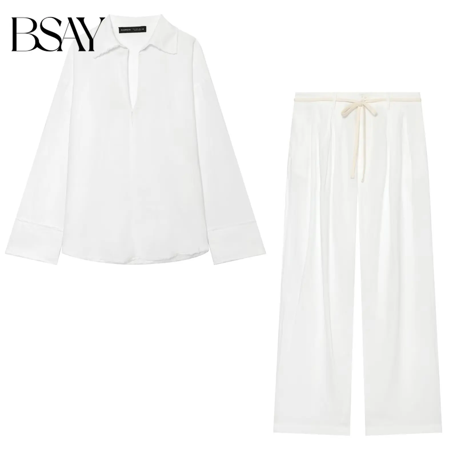

BSAY Women's Two Piece Set Lapel Collar Long Sleeve V-Neck Blouse High Waist Drawstring Wide Leg Pants Casual Solid White Outfit