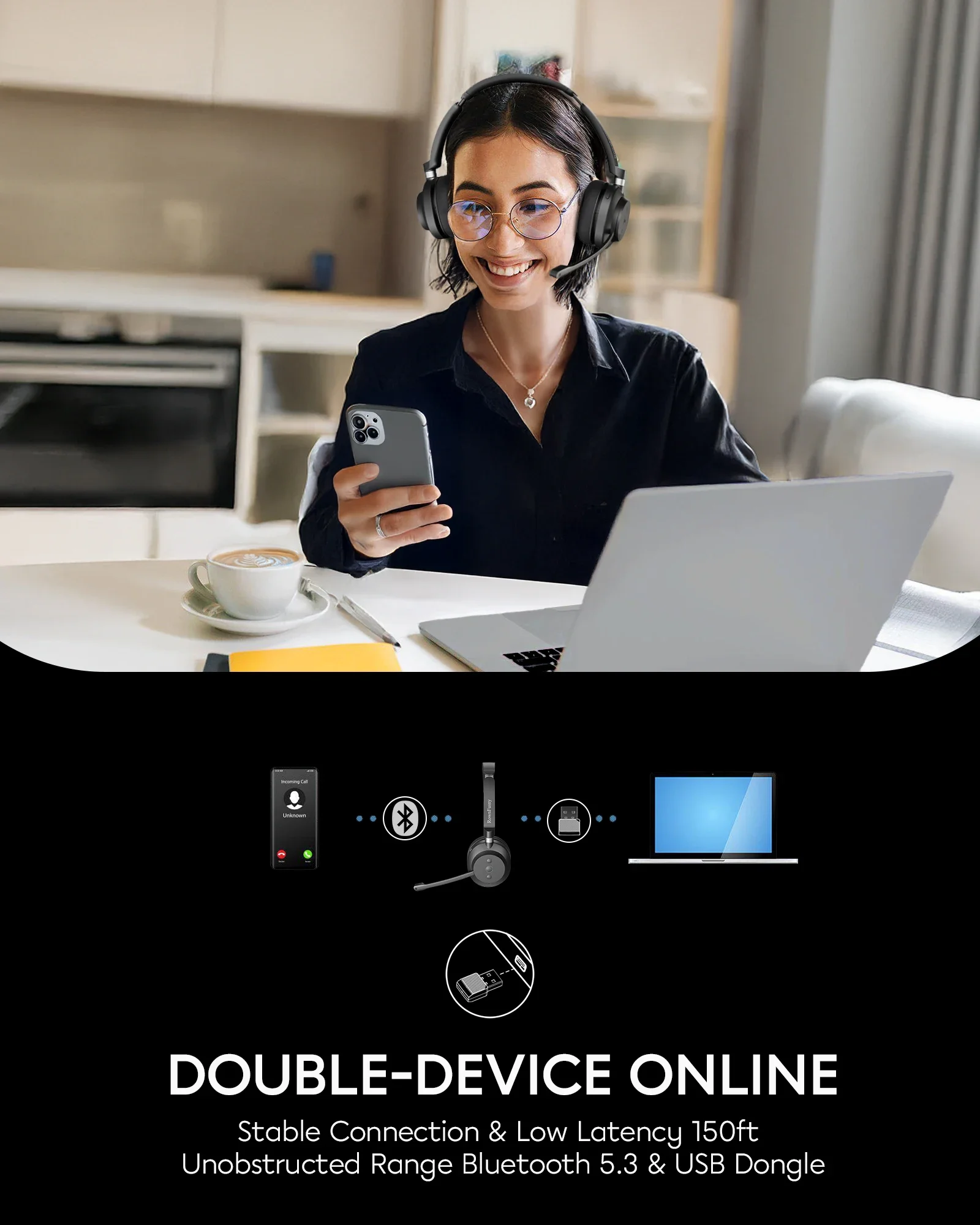 Rownfusny Kabelloses Headset mit Mikrofon für Arbeit Bluetooth Over-Ear-Kopfhörer USB-Dongle für Computer/Remote-Arbeit/Callcenter – Detail 3