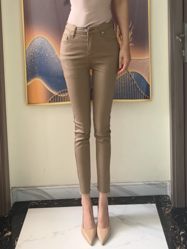 High Waist Korean Style Slim Fit Pencil Pants Women's Tummy Control Butt Lifting Pure Color Nine Tenths Length Khaki