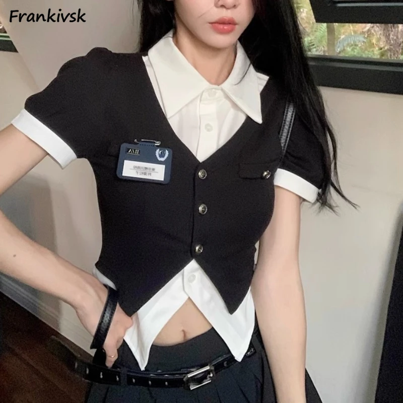 

Patchwork Women Shirts Short Sleeve Slim Preppy Turn-down Collar Crop Tops Summer Trendy Panelled Korean Style Clothing Young