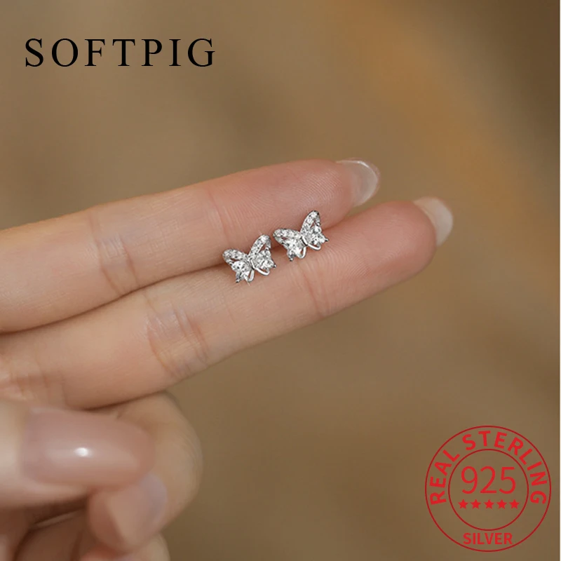 

SOFTPIG настоящее серебро 925 пробы с цирконием и бантом-бабочкой, мини-серьги-гвоздики для женщин, ювелирные изделия, легкие роскошные аксессуары