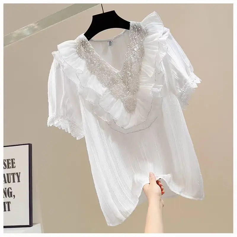 New In 2024 Summer Diamonds Ruffles Shirts Blouses For Women Top Japanese Style Sweet Chic White Blouse