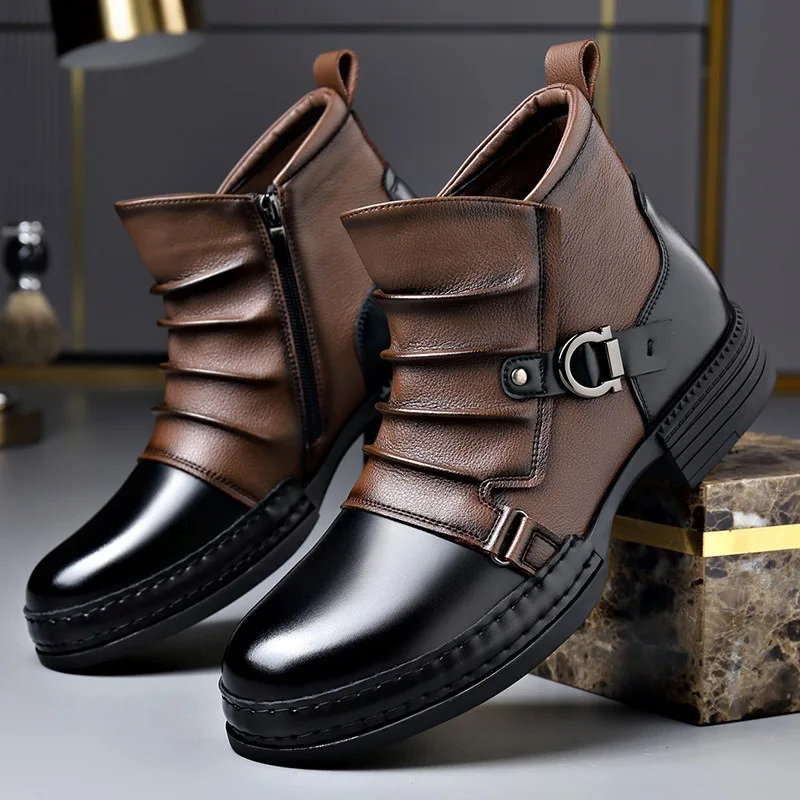 

Genuine Leather Men's Boots Fashion Motorcycle Boots Winter Plush Warm Cotton Boots Men Chelsea Boot Retro British Ankle Booies