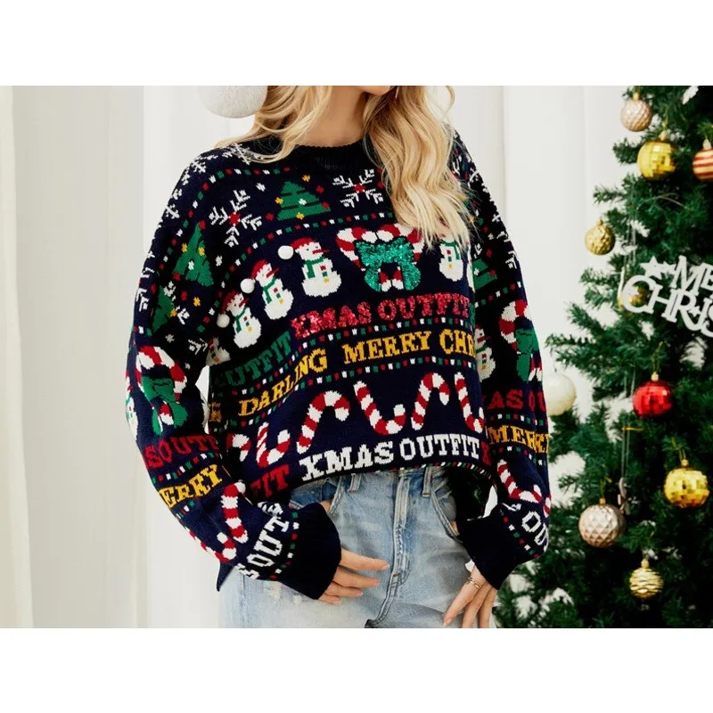 2025, lockerer Strickpullover, Herbst/Winter, Weihnachtsbaum, Rundhalsausschnitt, Wollpullover, kleiner Schneemann, Pailletten, Weihnachts-Wollmantel