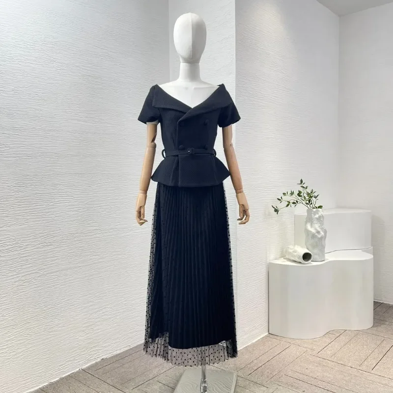 Women Pleat Lace Black Midi Dress Short Sleeve Belt One Shoulder Collar Elegant Ladies Dresses 2024 Summer New Top Quality