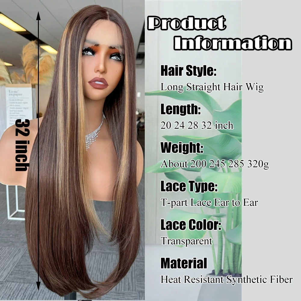 X-TRESS 32 Inch Straight Synthetic Lace Front Wig Honey Blonde Colored Highlight Middle Part Lace Wigs with Baby Hair for Women