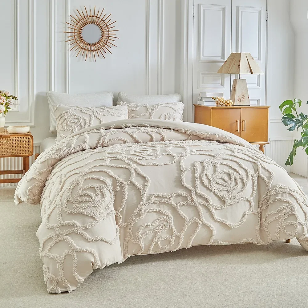 3D Rose Floral Tufted Duvet Cover Set High Quality Microfiber Comforter Cover Soft King Queen Size Quilt Cover and Pillowcases