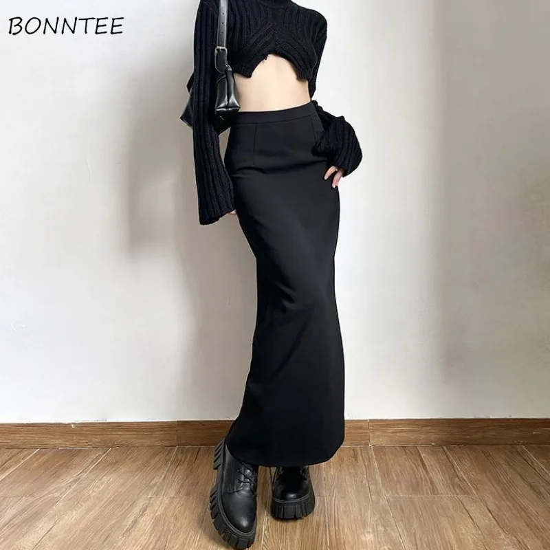 Black Long Skirts Women Back-slit Fashion Temper Ladies Sexy High Waist Spring Skirt Hotsweet Streetwear Korean Faldas Largas