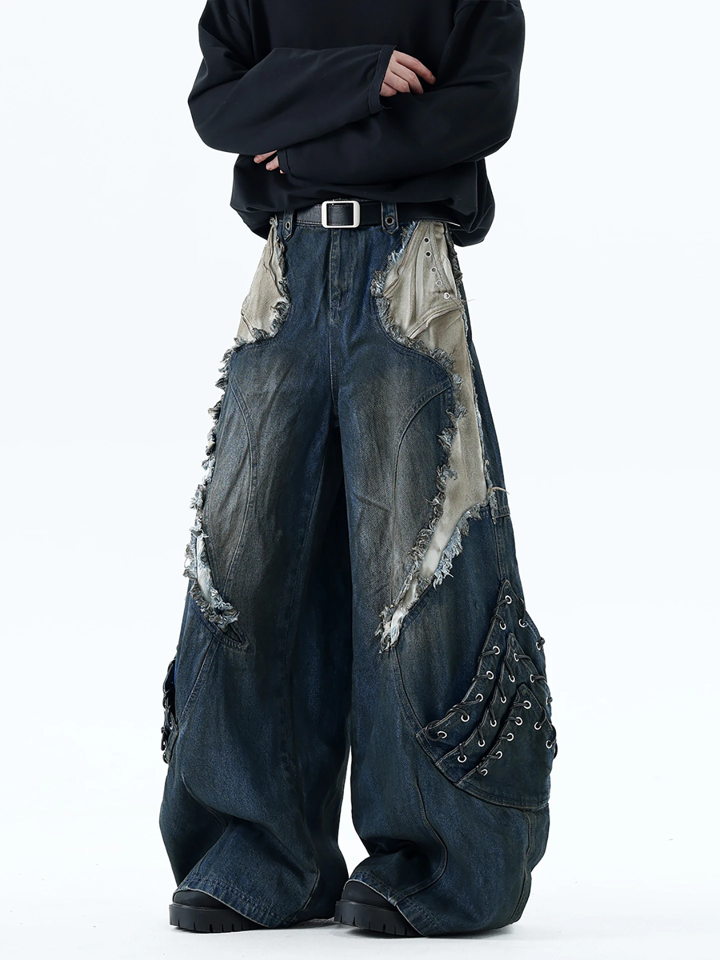 

Boyue American Retro Patchwork Jeans Men's Women's Heavy Street Deconstructed Design Sensation Cool Long Pants