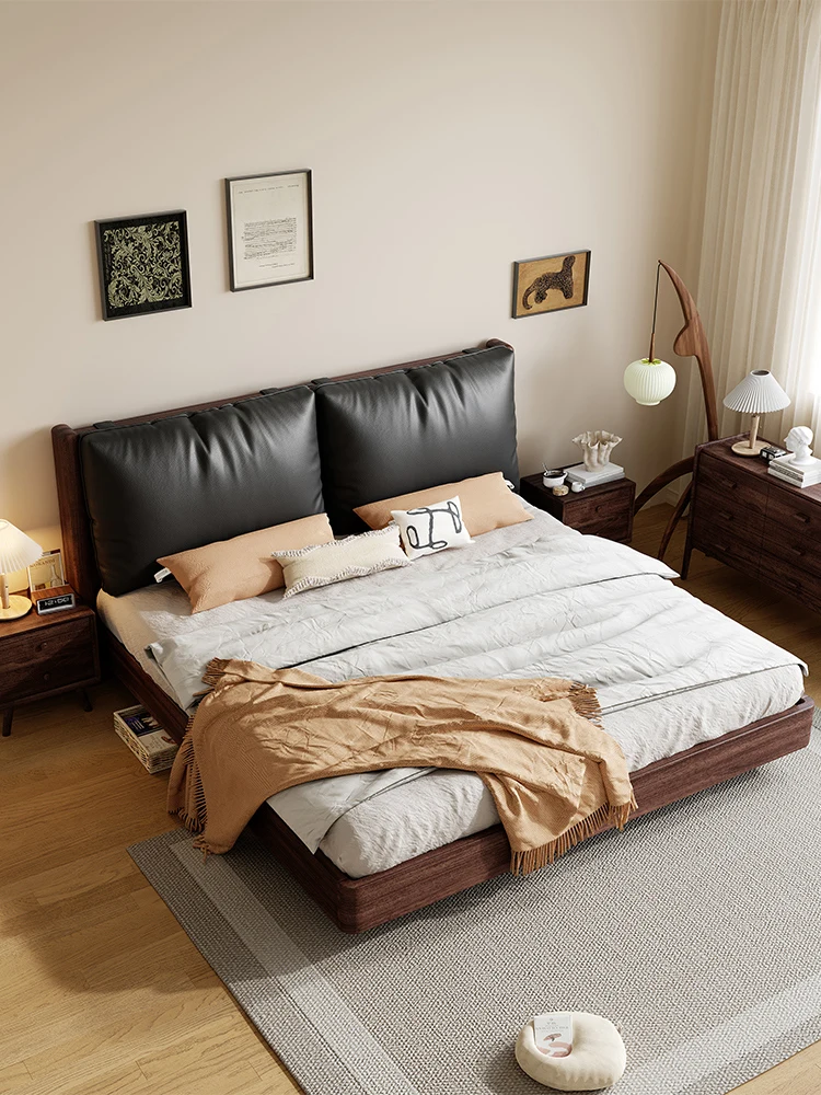 Suspension bed black walnut solid wood bed all solid wood leather soft bag