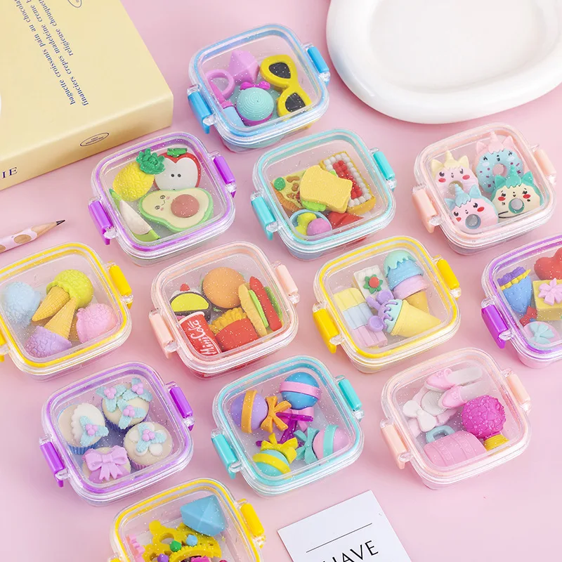 

4 Box Wholesale Cute Bento Box Dessert Makeup Eraser Set Student June 1st End Christmas Prizes Gift Rewards