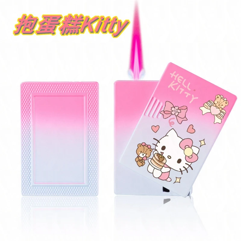 New Sanrio Kawaii Cartoon Hello Kitty Lighter Metal Jet Torch Pink Flame Poker Lighter Windproof Playing Card Lighters Funny Toy