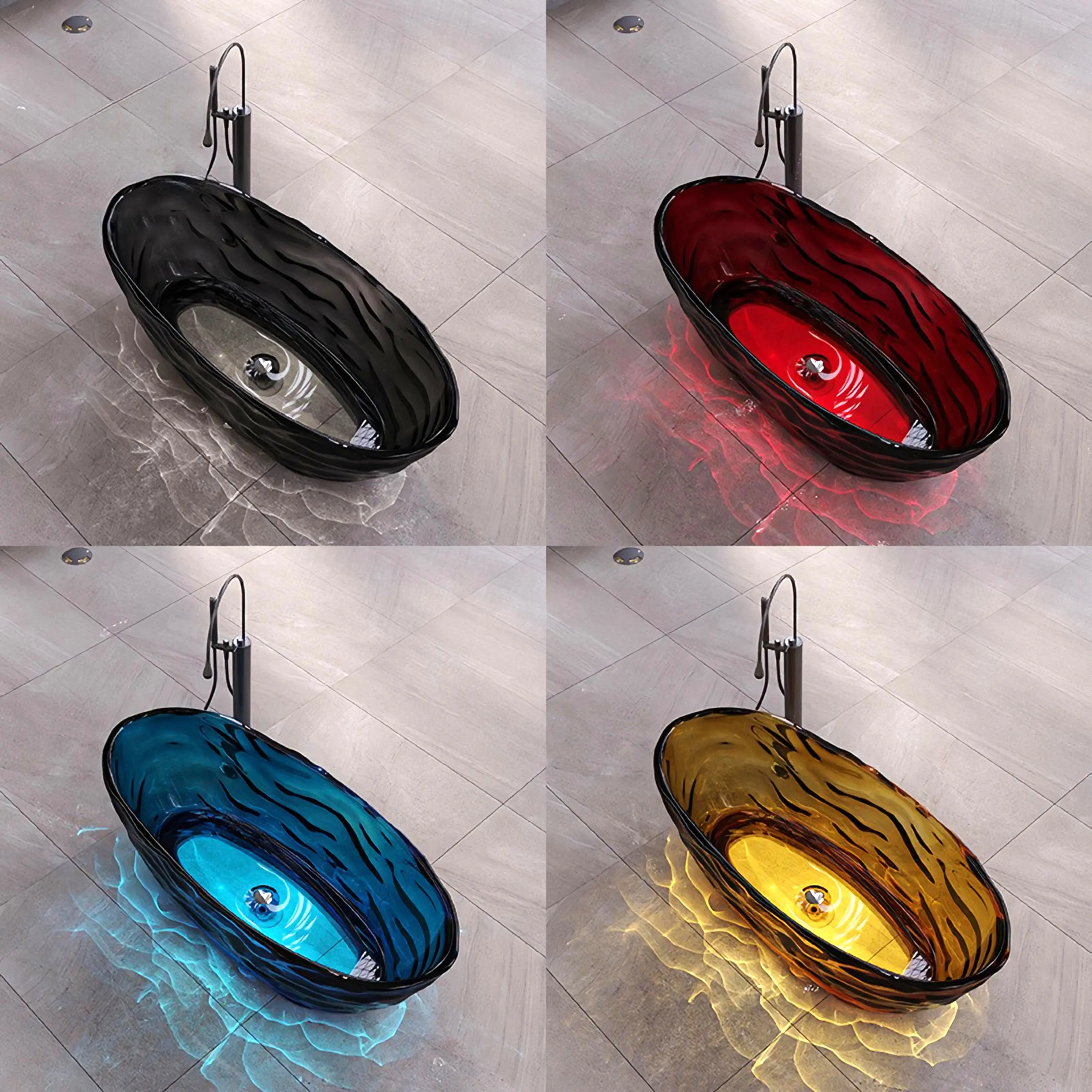 Oval Wave Texture Transparent Resin Freestanding Modern Indoor Bathtub Art Sculpture Translucent Crystal Solid Surface Soaking