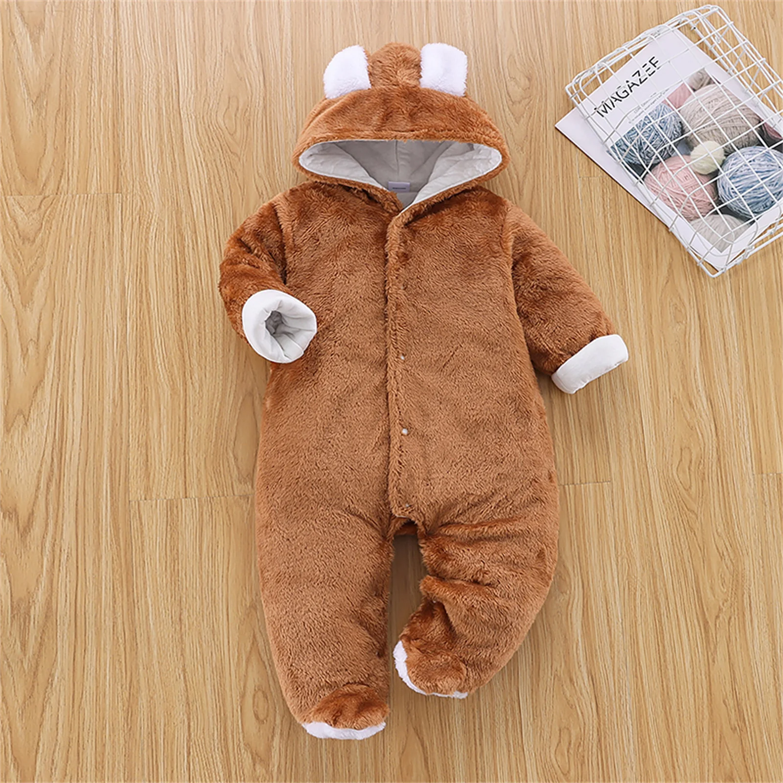 PatPat Baby Boy Girl 3D Bear Design Winter Hooded Jumpsuit One Pieces Four Colors Soft and Comfy