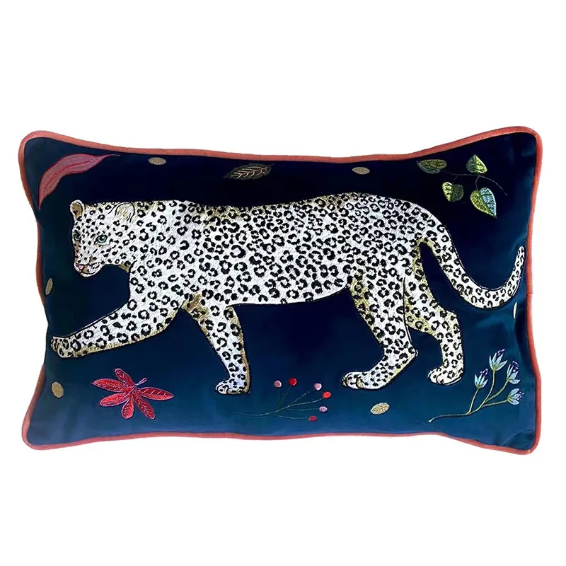 Jungle Collection Blue Velvet White Leopard Embroidery Cushion Decorative Waist Pillow Luxury Sofa Chair Bedding Decor