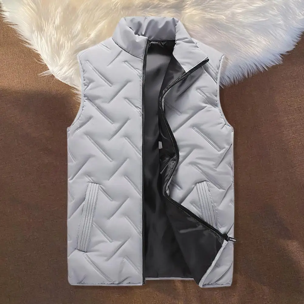 Down Alternative Padded Vest Men's Winter Stand Collar Sleeveless Vest with Zipper Closure Pockets Solid Color Thickened Padding