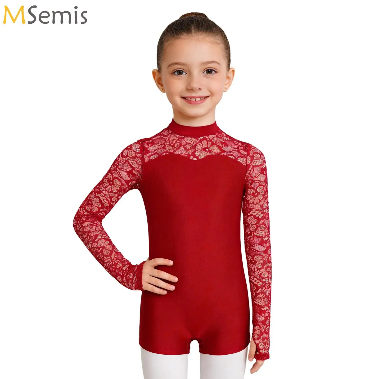 

Girls Gymnastics Dance Leotard Teens Lace Patchwork Jumpsuit Bodysuit Kids Figure Skating Performance Competition Dancewear