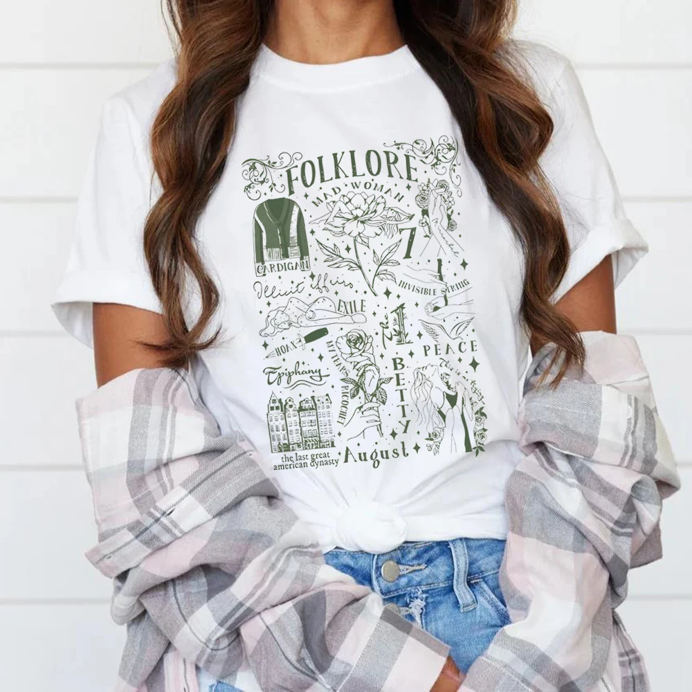 Camiseta de algodón Vintage para mujer, camisa de manga corta, cuello redondo, estampado, Folklore The Eras Tour