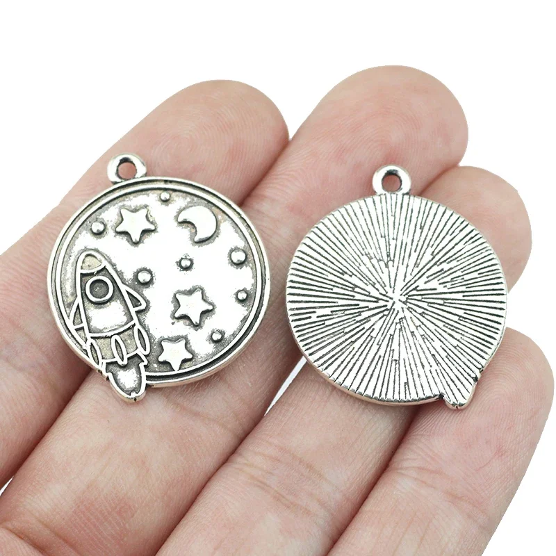 6Pieces 25*28mm Antique silver Color Metal Star Moon Outer Space Rocket Launch Charms Pendant  DIY Handmade Jewelry  Accessory