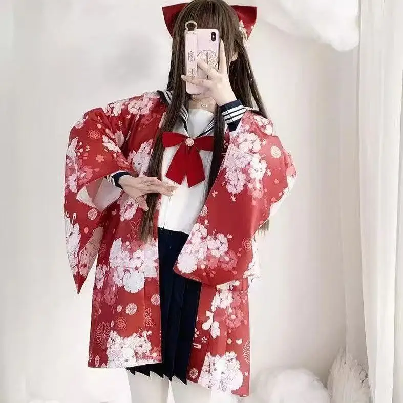 

Cute Anime Lolita Tops Women's Japanese Style Floral Printing Gown Coat Halloween Cosplay Match Costume Girls Daily Haori Things