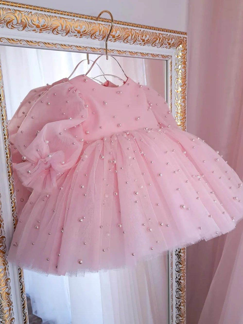 Robes de demoiselle d'honneur roses pour enfants, longueur genou, perles en tulle, nœud de fête d'anniversaire de mariage, robe de Rhpour tout-petits, mignon