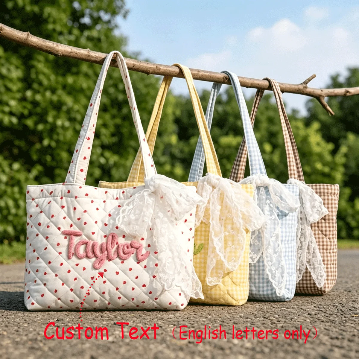 1 Personalized Quilted Heart-Shaped Handbag with Hand-Embroidered Letter and Lace Ribbon – Bridesmaid Gift or Gift for Her view 6
