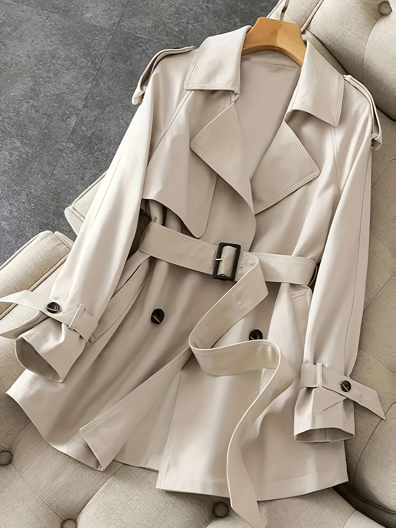 

Luxurious Double Breasted Belted Trench Coat - Classic and Timeless Design with Adjustable Waist, Cozy Long Sleeve