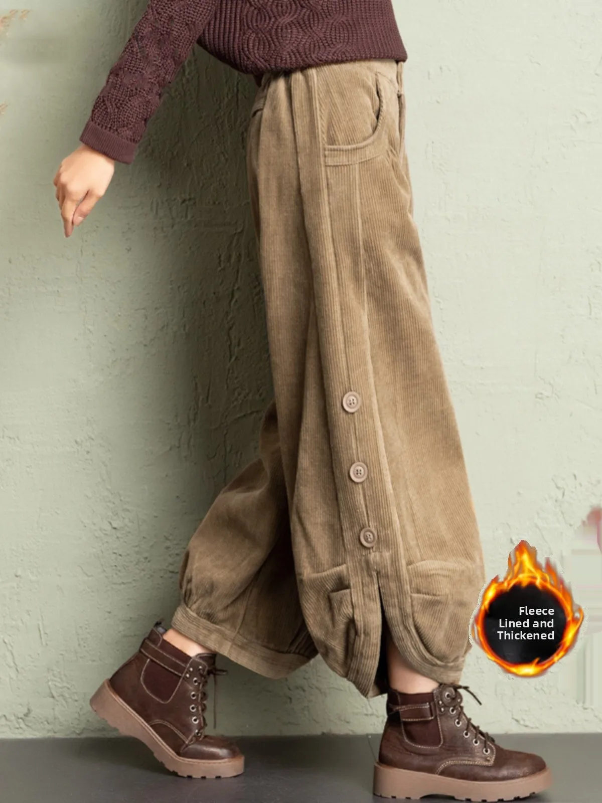 

High Waist Thiened Fce Lined Corduroy Wide Leg Pants Slimming Loose Fit Winter Casual Trousers for plus Size Women