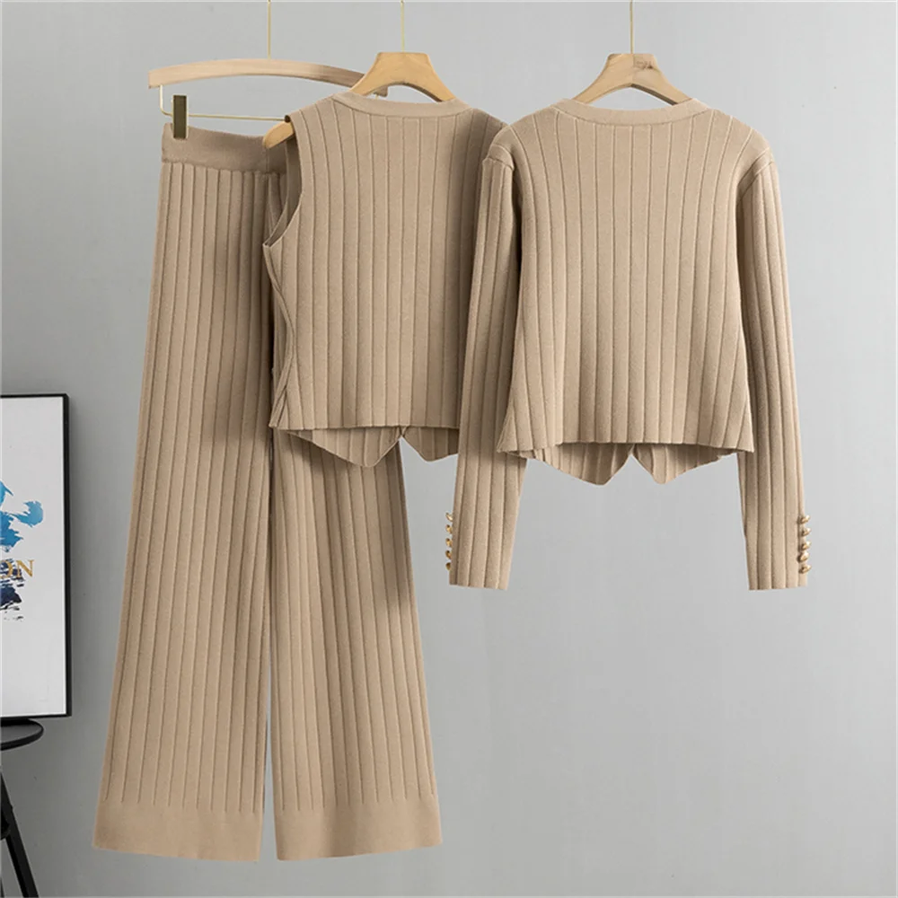 Autumn Pit-Stripe Knitted Sweater 3 Piece Sets Women Winter Luxury Metal Buttons Knitted Cardigan +Vest+Wide Leg Pants Sets