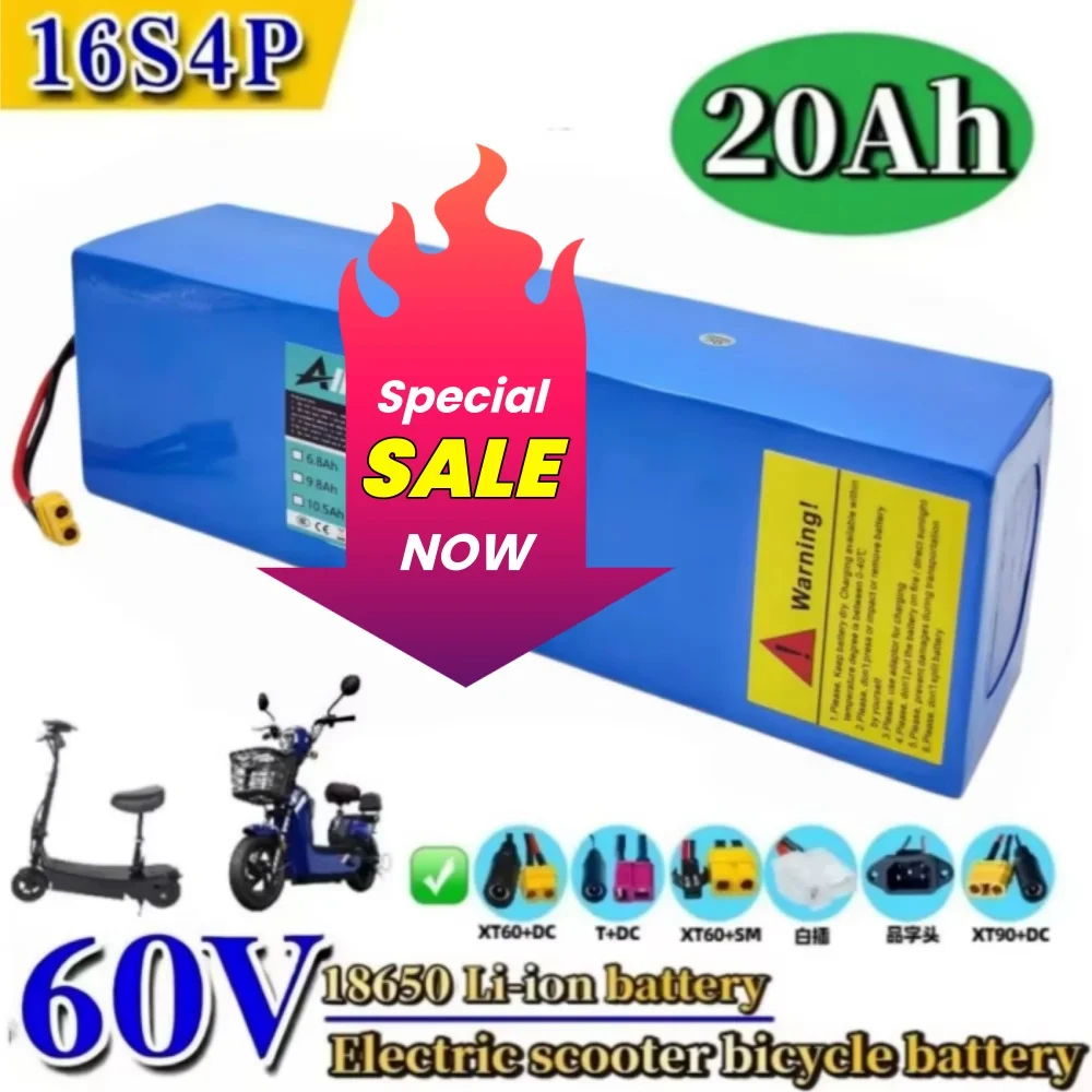 16S4P 60V 20Ah 18650 Battery Pack 20000mAh High-Power Lithium Battery with Built-In 50A BMS for Electric Scooters 2000W