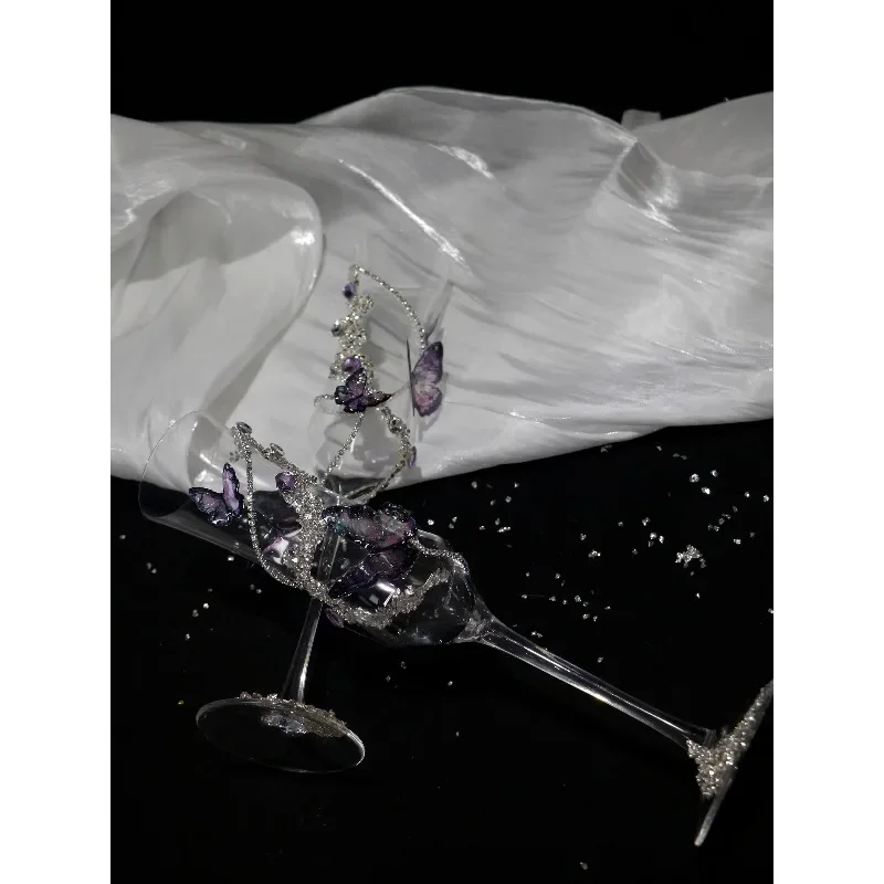 Purple champagne glass, Epoxy butterfly diamond goblet, handmade toasting cup DIY material bag, engagement and wedding gift.
