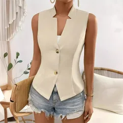 Elegant Office Ladies Vest Jacket 2024 Fashion New Single Breasted Sleeveless V-neck Slim Outerwears Coats Solid OL Jackets