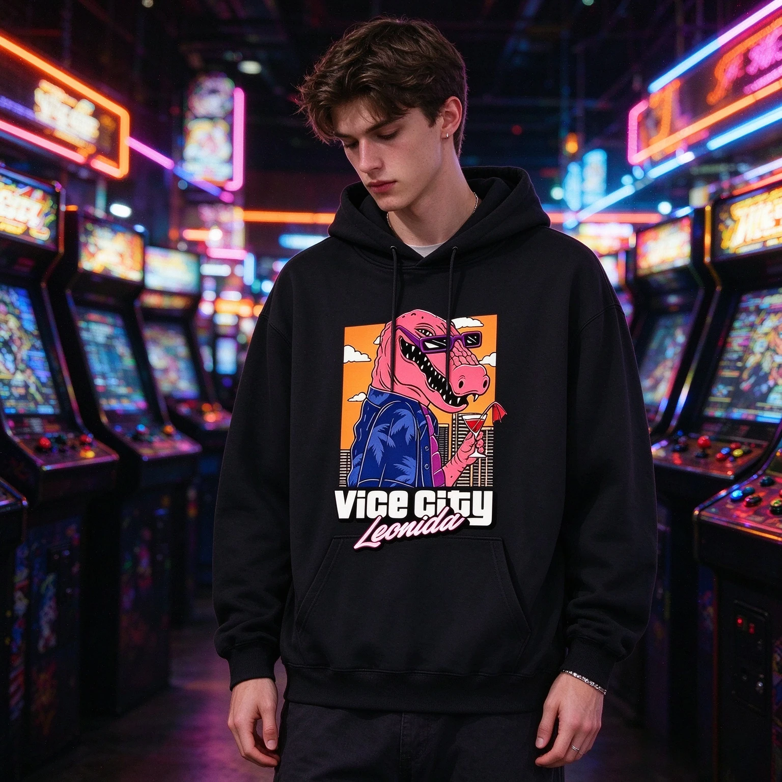 2026 New Family Matching Vice City Pink Crocodile Print Oversized Unisex Streetwear Hoodie Long Sleeve Tee Autumn Winter Outfit