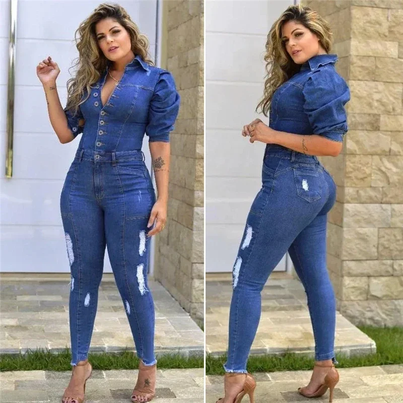 Sexy Plus Size Katoenen Bodycon Lange Jeans Jumpsuit Vrouwen Poff Mouw Gat Gescheurd Denim Playsuit Romper Overalls Combinaison Femme