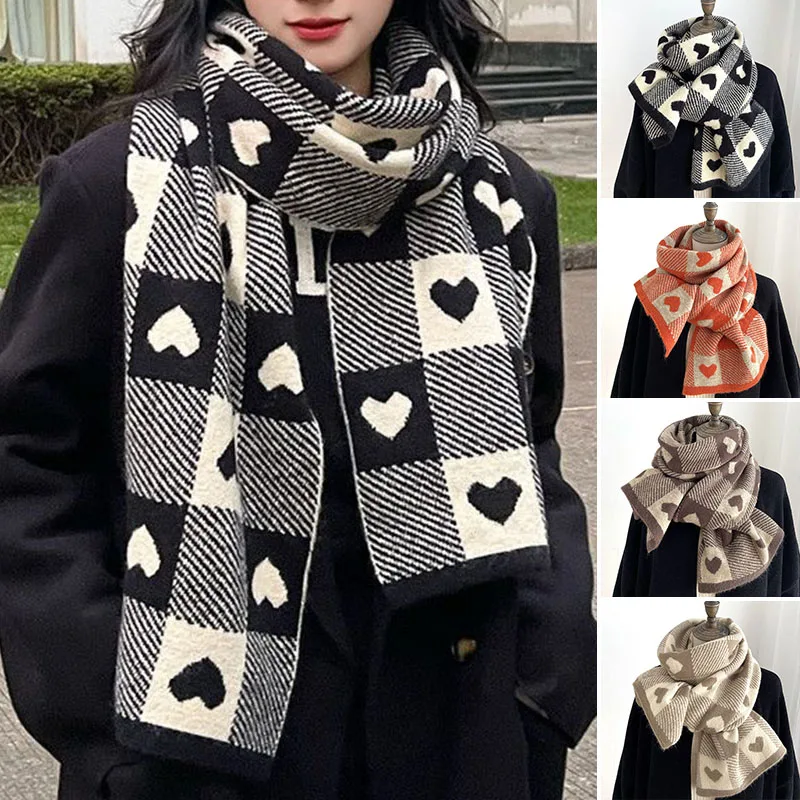 Winter Plaid Knitted Scarf for Women Love Heart Scarf Thickened Warm Neck Scarf Women's Shawls Christmas New Year Gifts