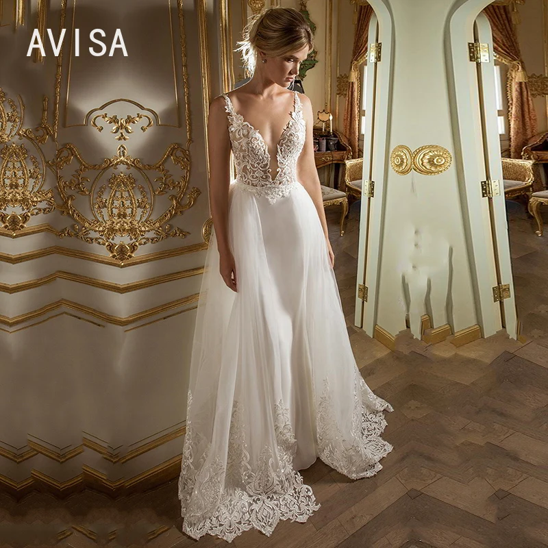 Sexy Diepe V-Hals Trouwjurk A-Lijn Backless Vestidos De Novia Spaghetti Strap Appliques Kant Bruidsjurken Robe De Mariée