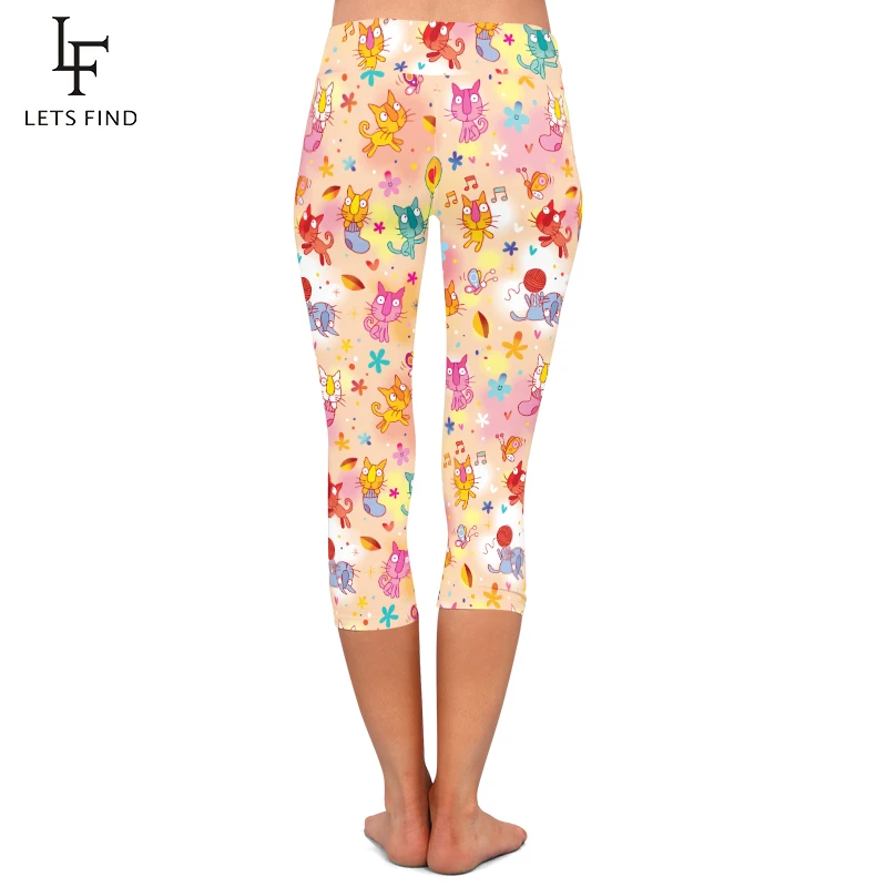 Letsfind Hoge Taille Print Vrouwen Capri Leggings Mode Cartoon Kat Ontwerp Fitness Leggins Stretch Mid-Kalf 3/4 Broek