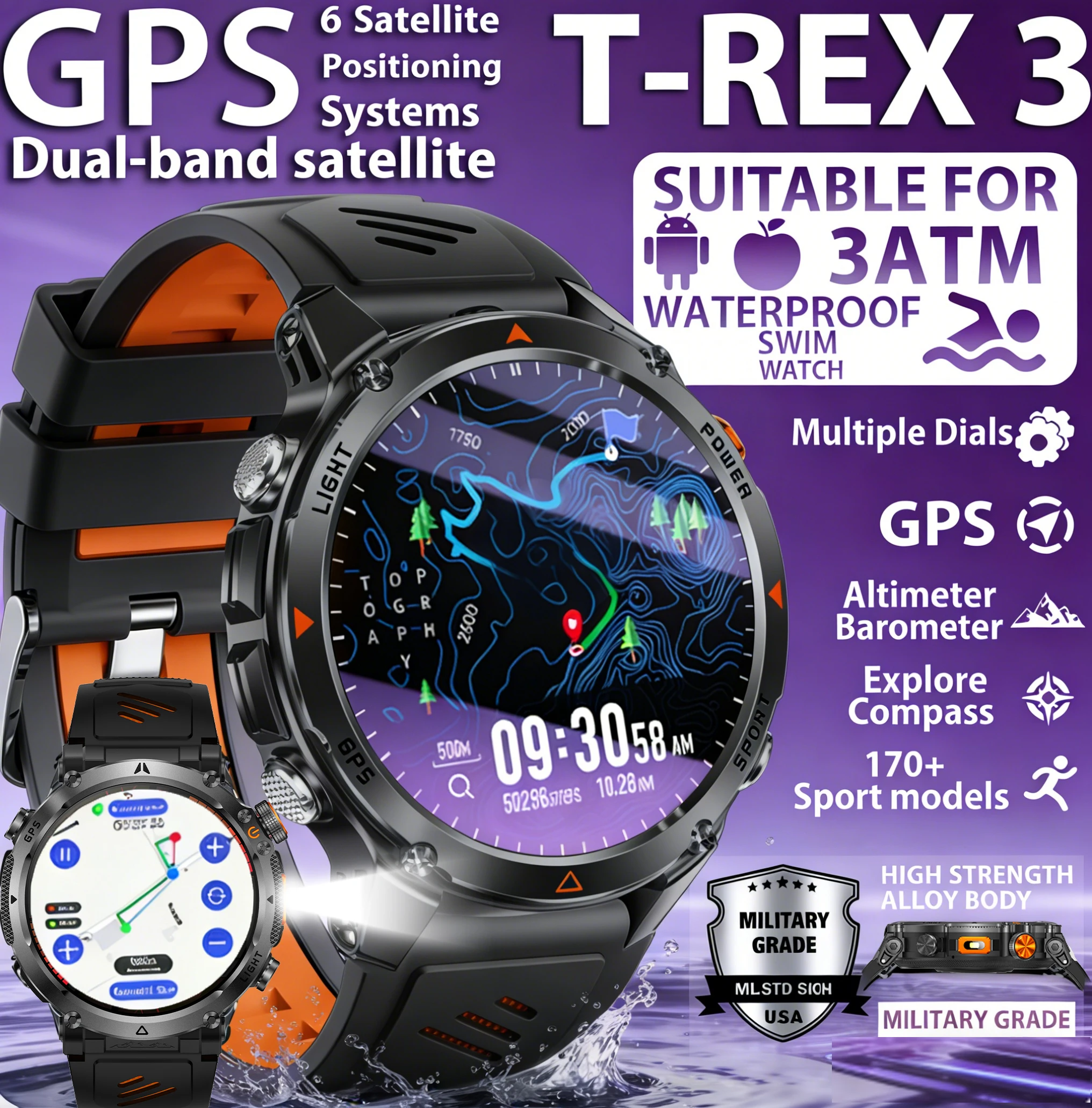 

2026 New GPS Smart Watch Out Military Grade LED Flashlight 850mAh Bluetooth Call 3ATM Waterproof Round Dial Outdoor Sports Watch