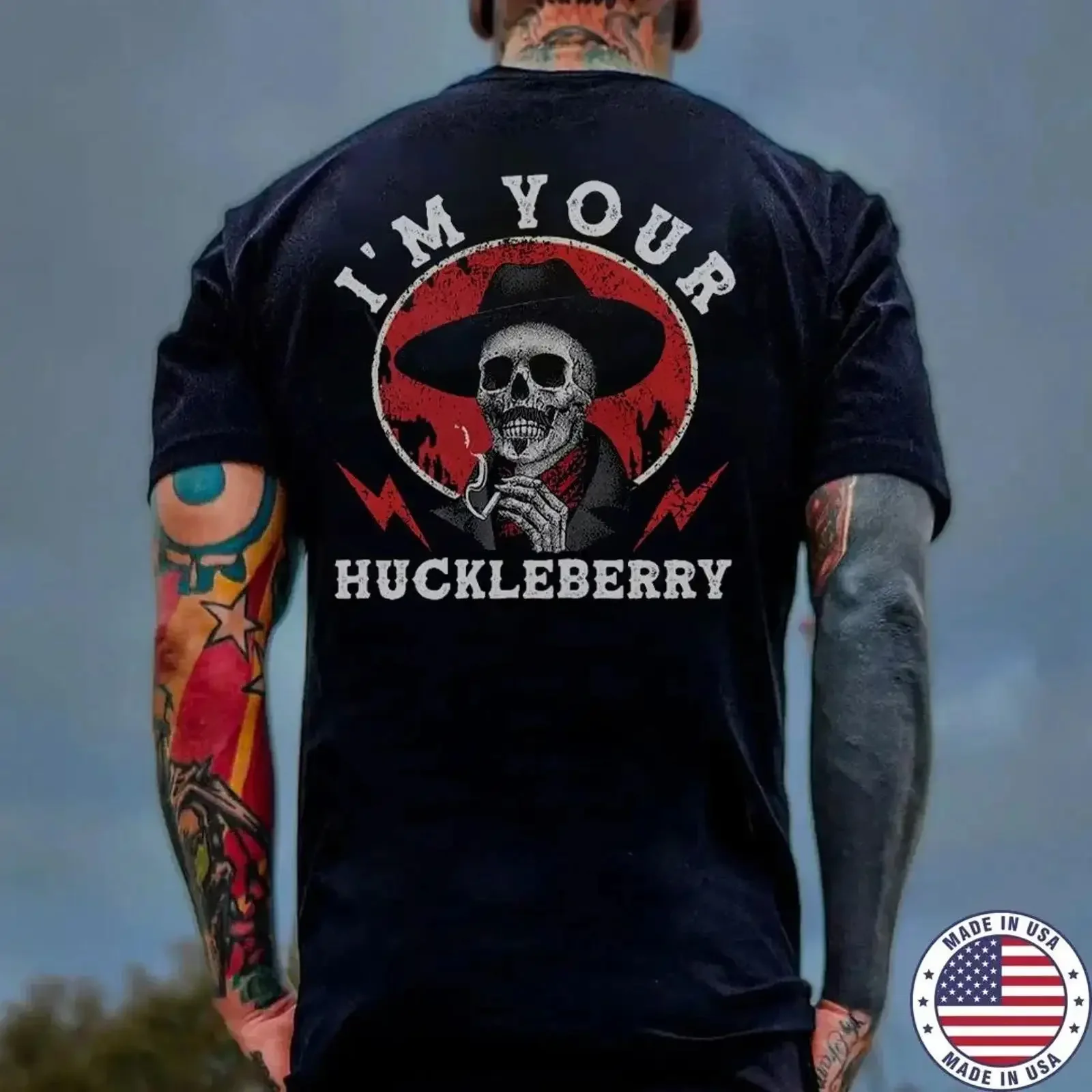 "I'M YOUR HUCKLEBERRY" Skelett-Print Herren-T-Shirt, Vintage-Waschung, vielseitig, dehnbar, atmungsaktiv, Designerkleidung, lässig
